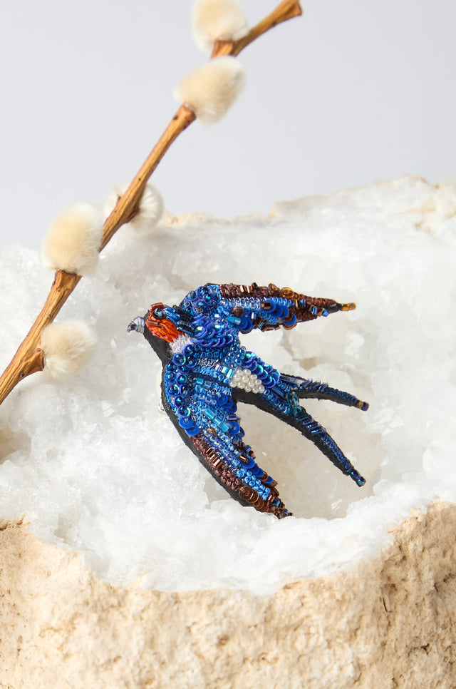 Hand Beaded Flying Swallow Brooch – Sahara