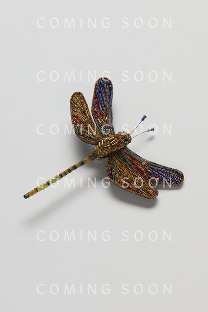 The Hand Beaded Hawker Dragonfly Brooch (TRTLB831S-AW25) features multicolored wings and tail on a plain white background with "COMING SOON" overlaid repeatedly.