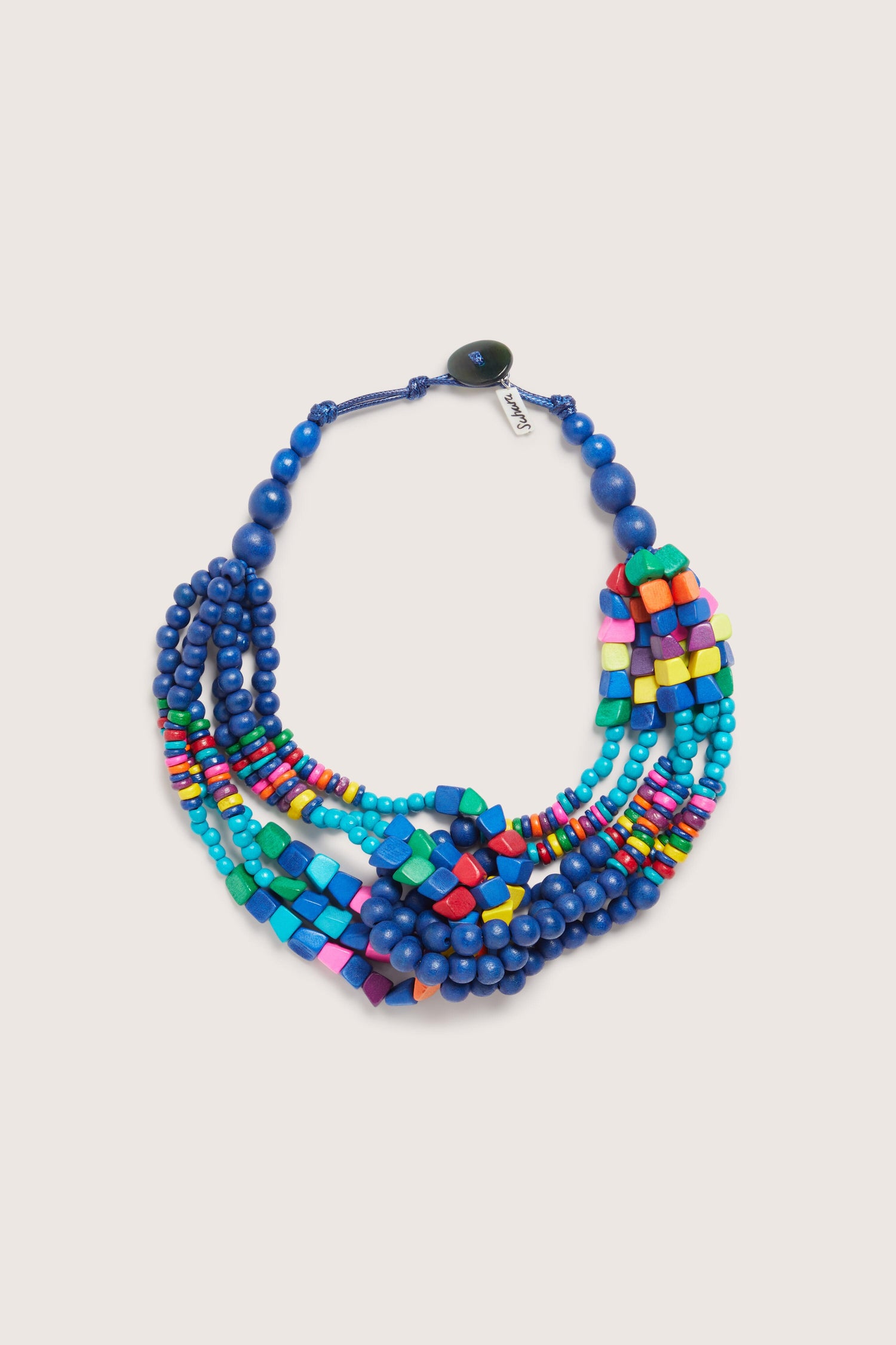 Wooden Twist Bead Necklace with multiple strands, featuring blue beads and vibrant multicolored square beads, displayed on a white background.