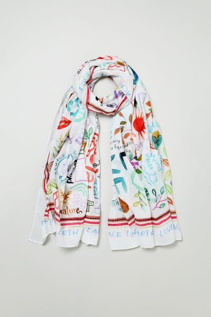 The Peace and Love Cotton Scarf features a white, lightweight design with colorful hand-drawn flowers, leaves, and words like "peace," "love," and "nature." Ideal as a floral print scarf for any season. Displayed on a plain background.