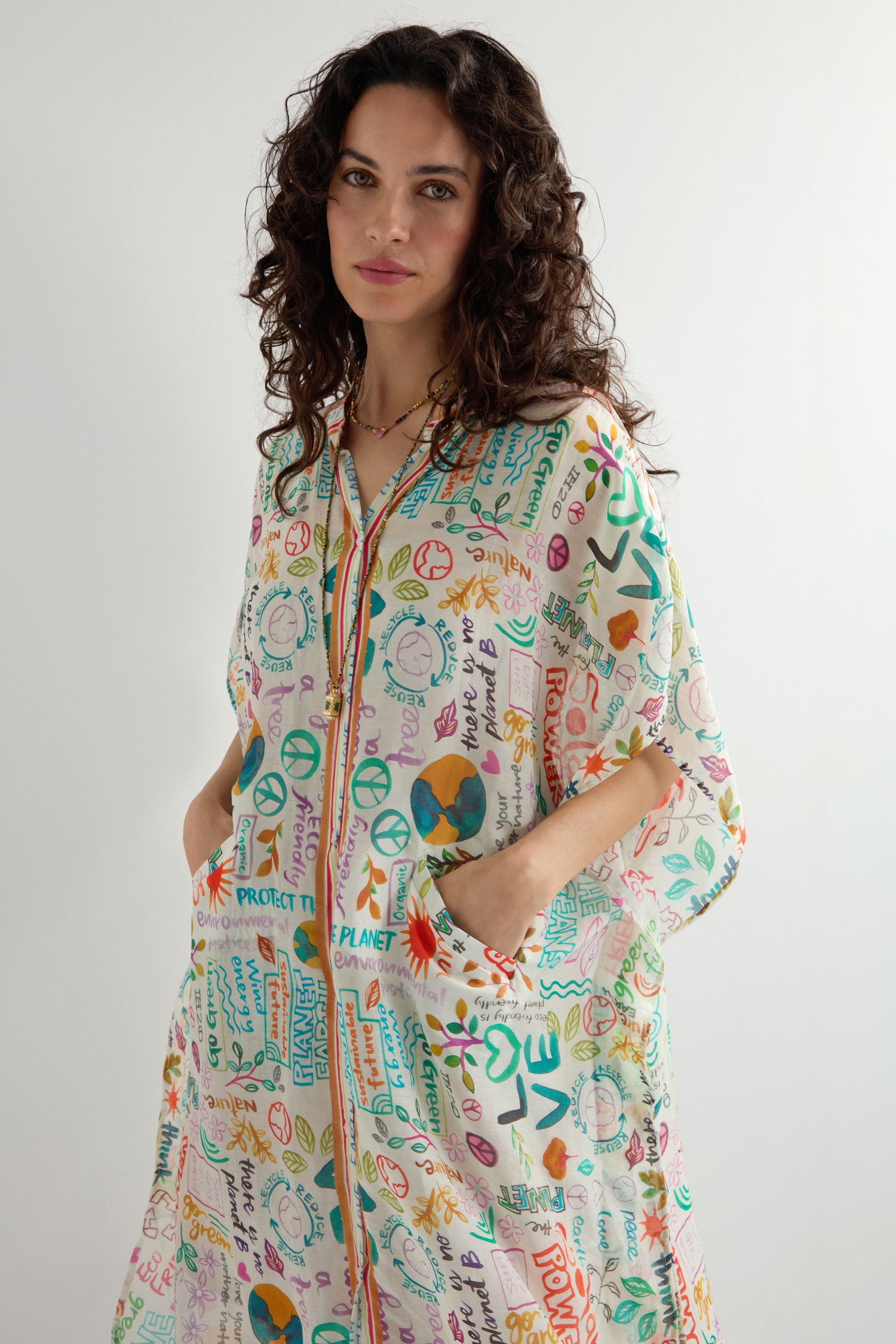 Peace and Love Cotton Silk Button Beach Dress