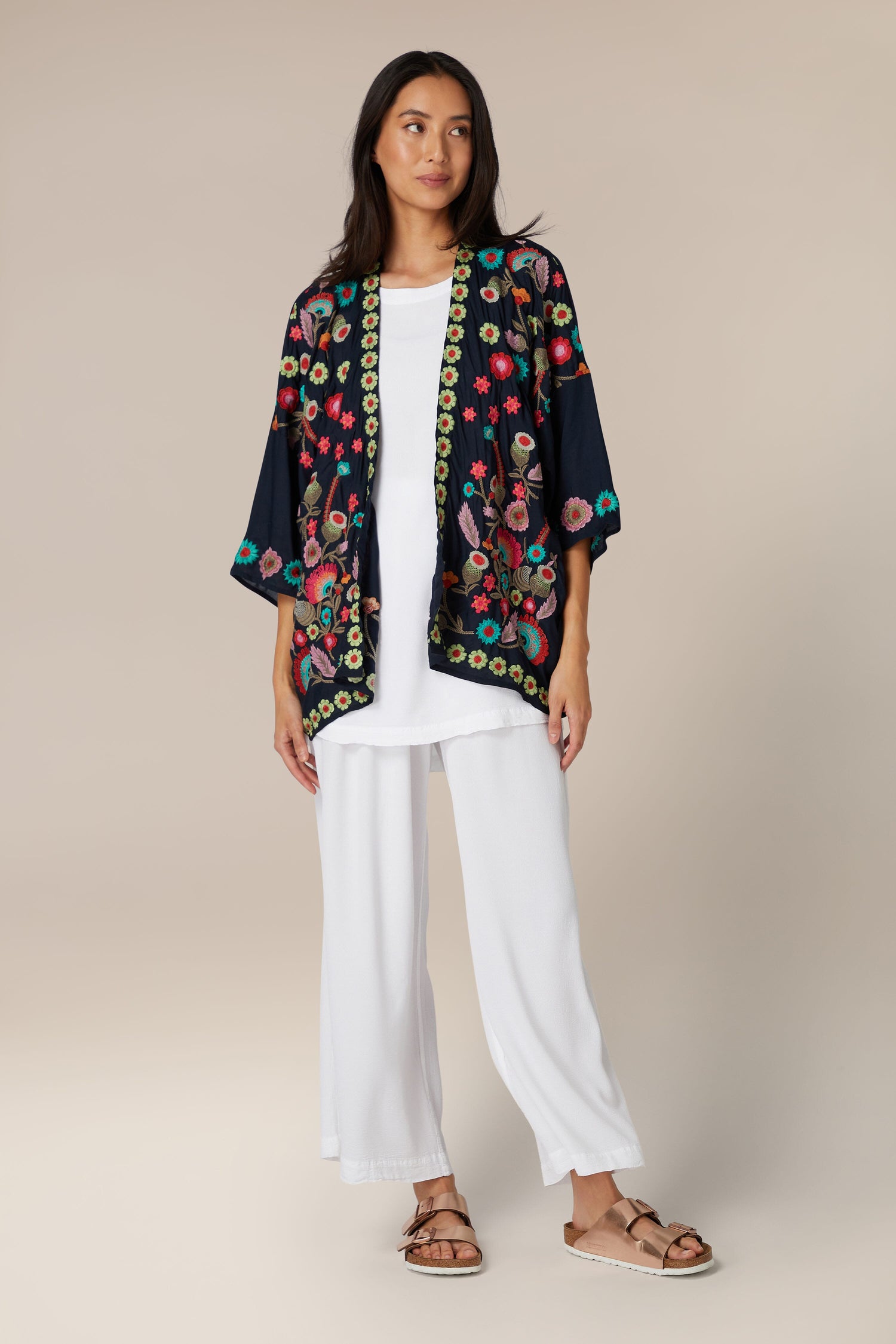 Woman modeling a lightweight Embroidered Flower Garden Kimono over a white outfit.