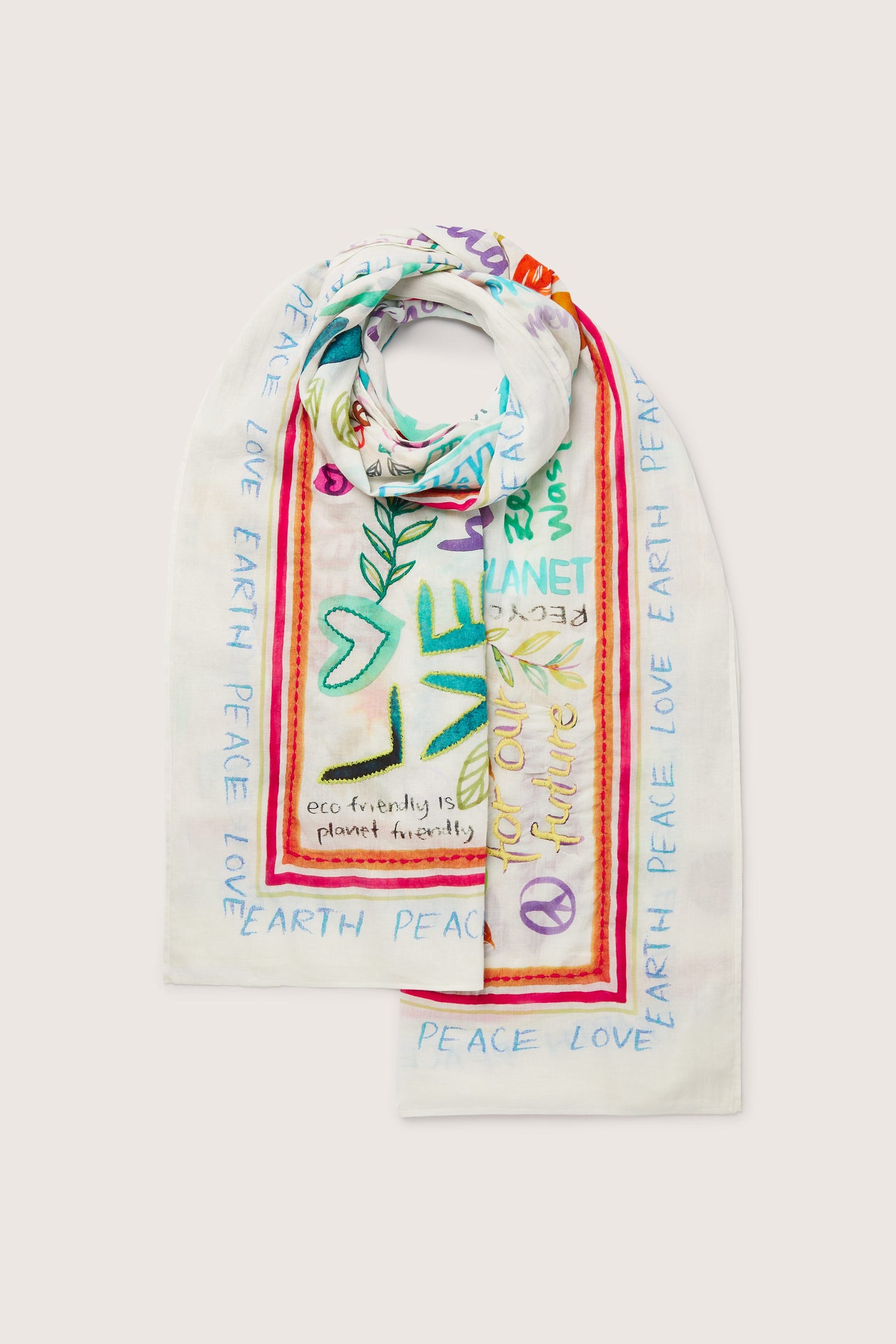 A colorful Peace Earth Love Printed Cotton Scarf with environmental and peace-themed words and symbols on a white background, perfect for summer styling.