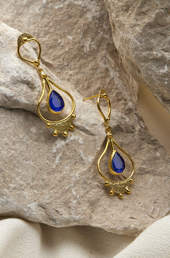 Handcrafted Teardrop Earrings with blue sapphires and gold-plating.