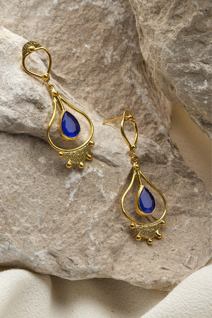 Handcrafted Teardrop Earrings with blue sapphires and gold-plating.