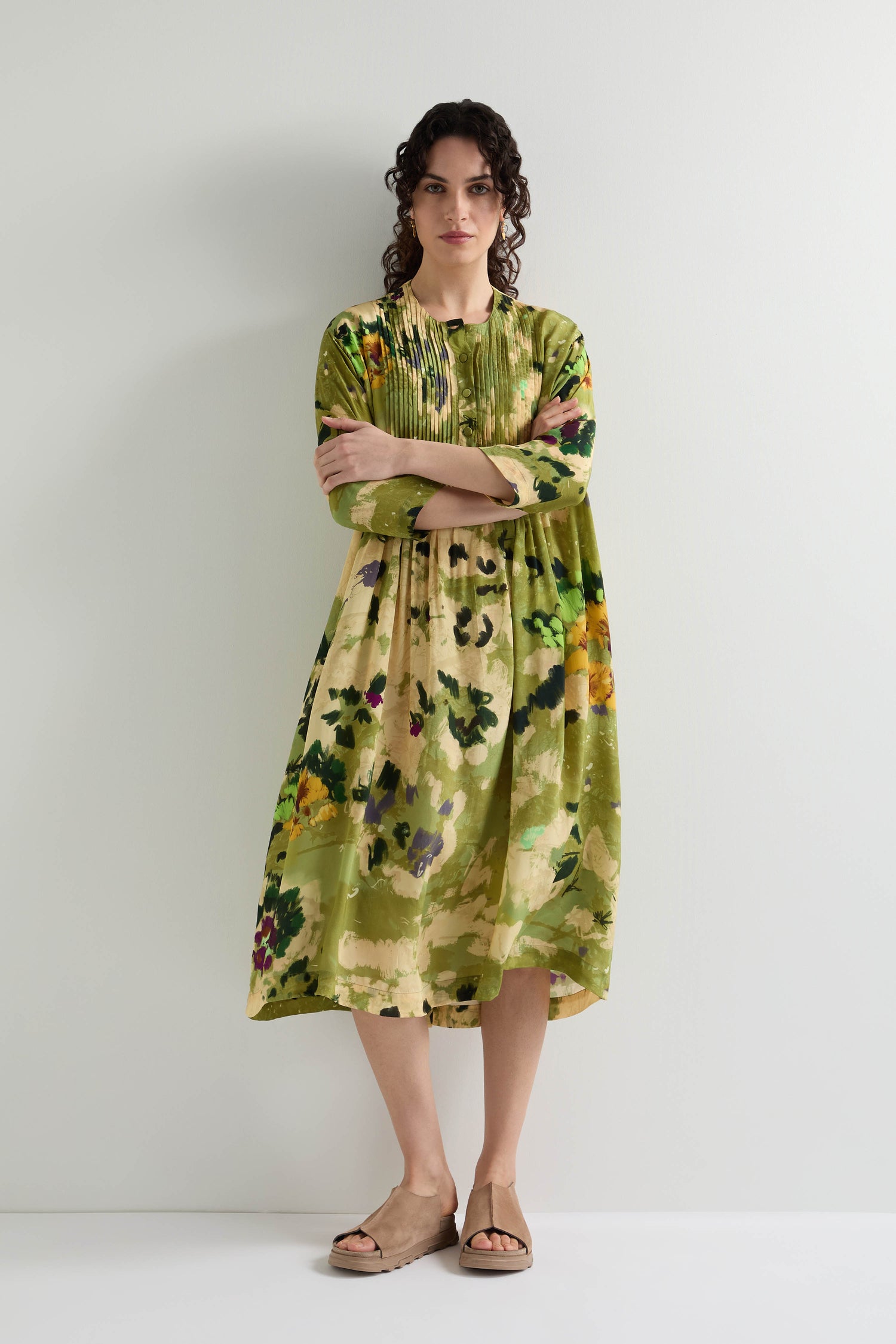 Sunflower Print Pleated Dress