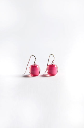 Part of the Bellisima Collection, the Colourful Bead Earrings feature exquisite pink glass beads and sturdy metal hooks, elegantly showcased on a white background.