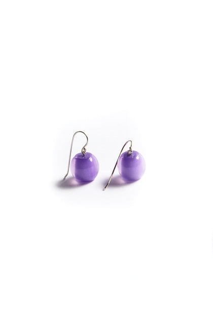 Part of the Bellisima Collection, the Colourful Bead Earrings are elegant purple drops with shimmering resin beads and silver hooks, beautifully displayed on a white background.