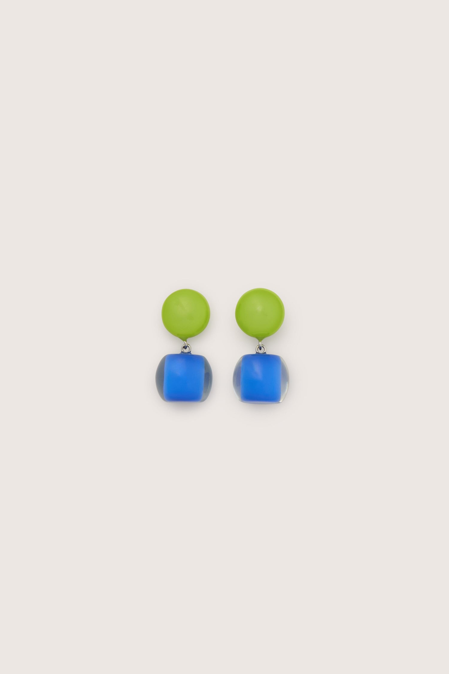 A pair of Colourful Beads Double Sphere Earrings with green circular tops and blue cube-shaped bottoms, crafted from high-quality resin beads, set against a plain background.