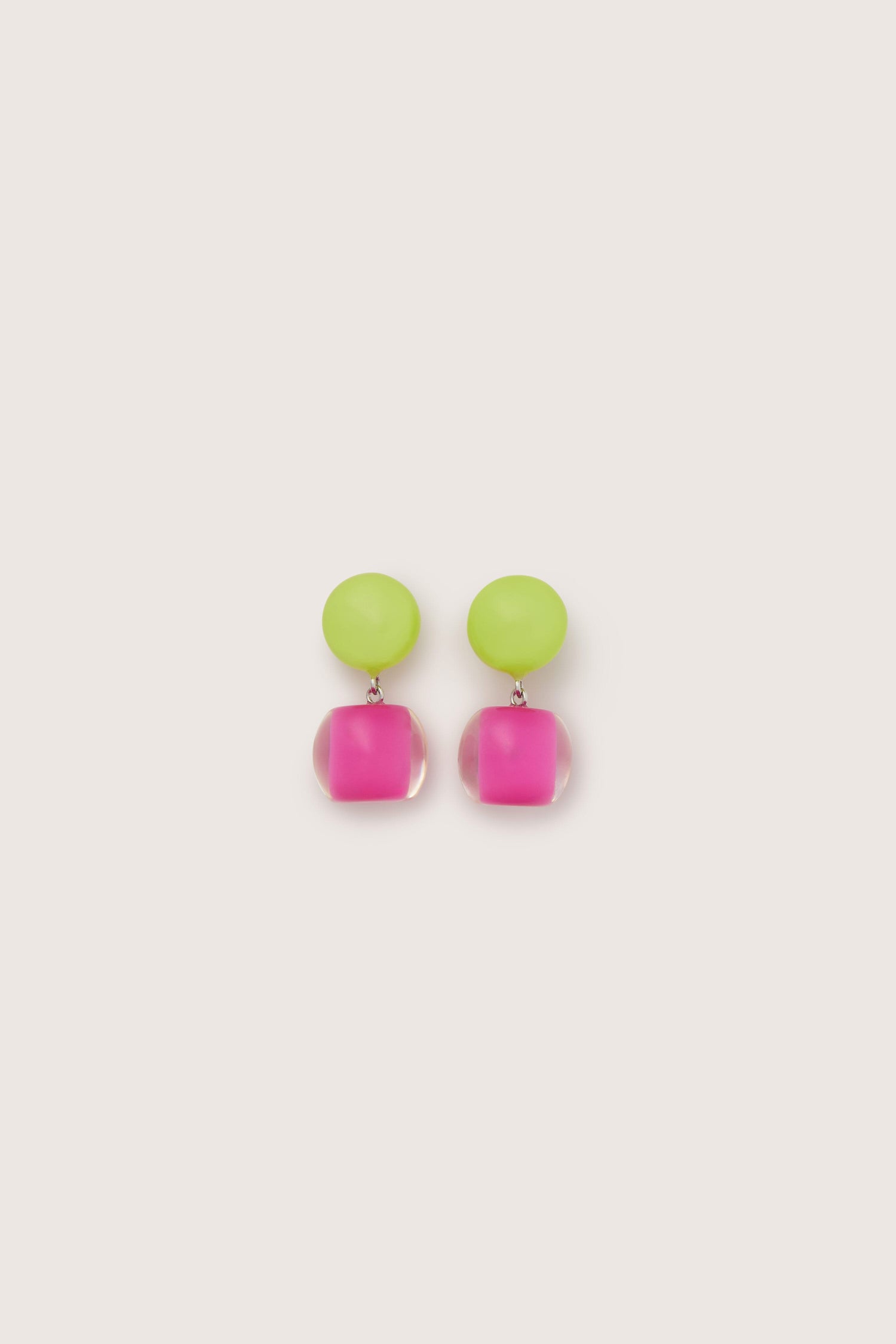 A pair of Colourful Beads Double Sphere Earrings, each featuring a round green top bead made from high-quality resin connected to a pink cube-shaped bead beneath.