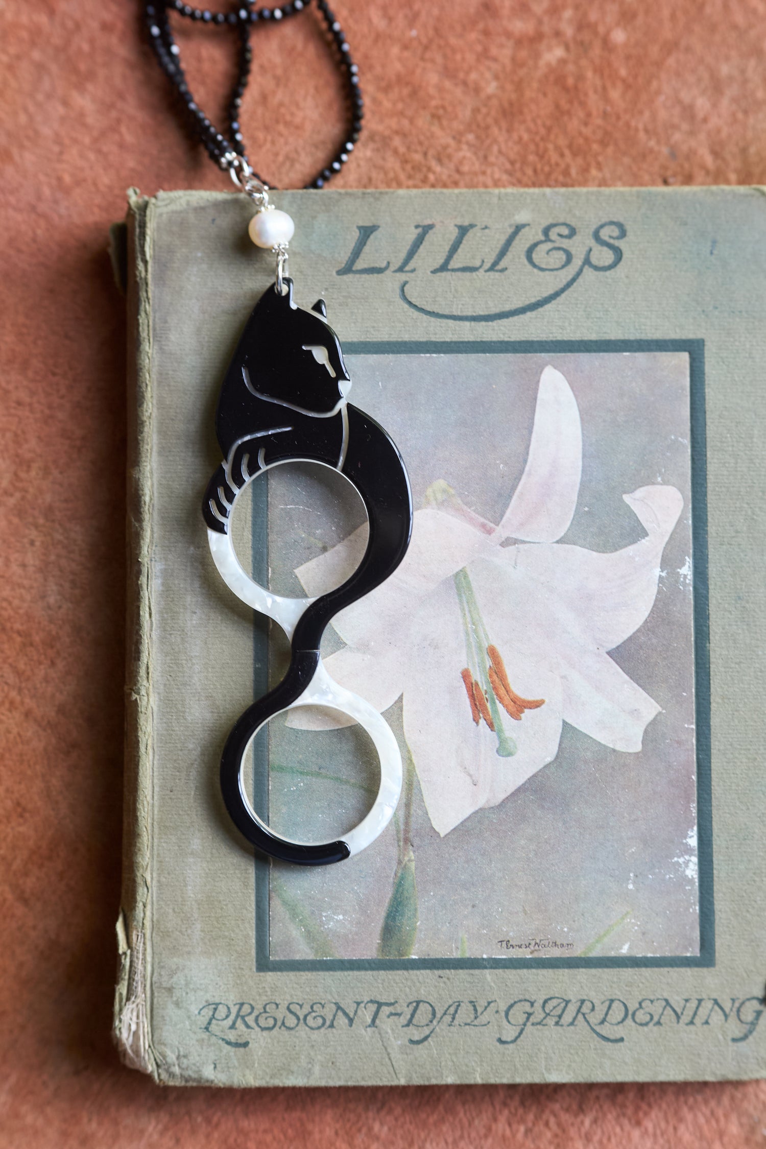A vintage book titled "Lilies Present-Day Gardening" features Cat Pendant Glasses—a black and white cat-shaped eyewear accessory—resting on its cover.