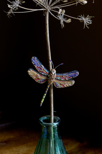 The Hand Beaded Hawker Dragonfly Brooch, a distinctive piece of handmade jewelry, adorns a dried plant stem in a green glass bottle set against a dark backdrop.