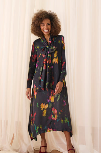 Winter Floral Tie Neck Dress