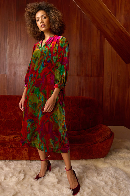 Velvet Blurred Botanicals Dress