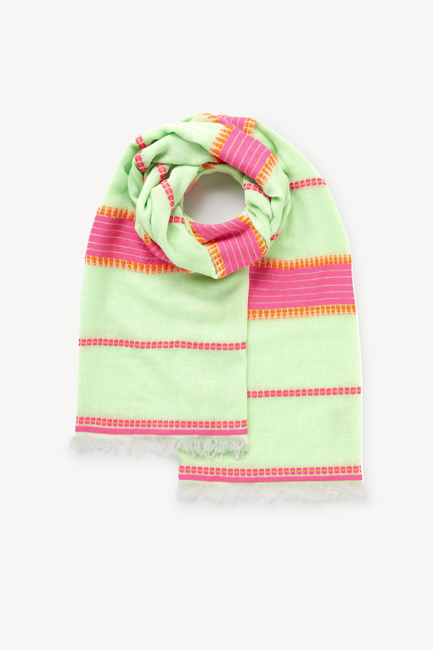 Embroidered Stripe Scarf with pink and yellow embroidered stripes, neatly folded on a white background.