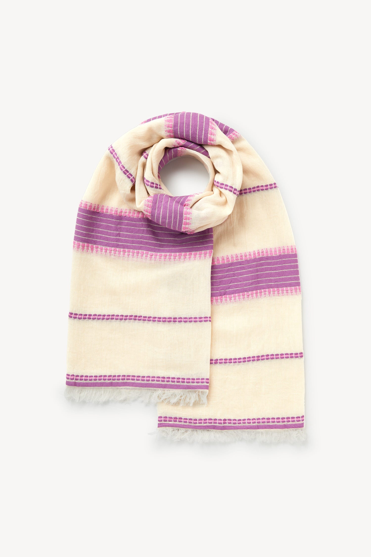 A Embroidered Stripe Scarf with detailed patterns, neatly folded and placed on a white background.