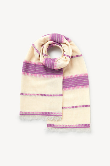 A Embroidered Stripe Scarf with detailed patterns, neatly folded and placed on a white background.