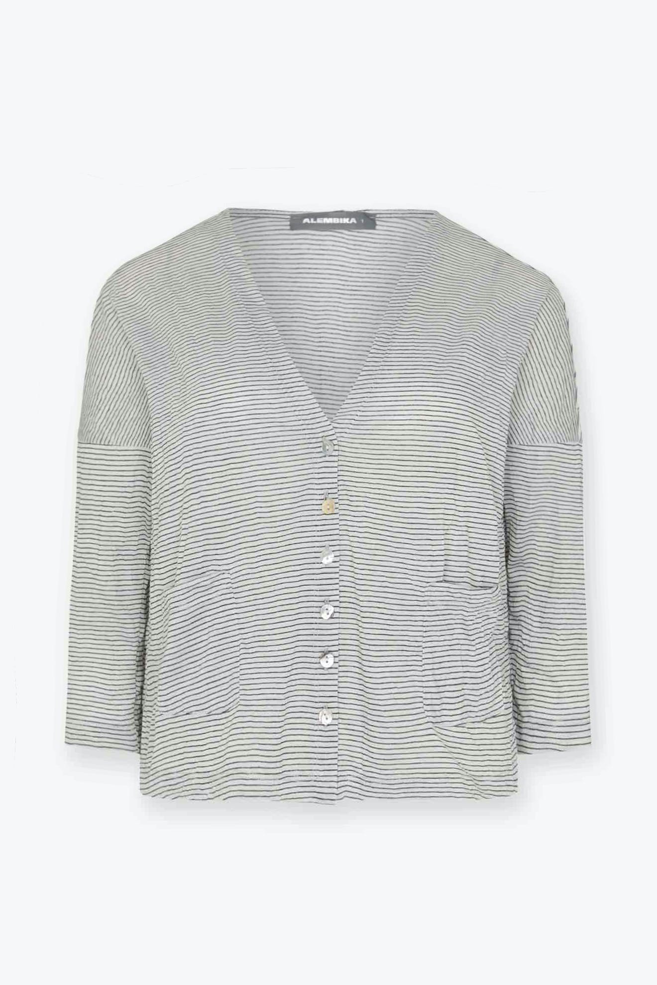 A light gray Stripe Button Cardi with white horizontal pinstripes, featuring a v-neckline, front button closure, and a single chest pocket.
