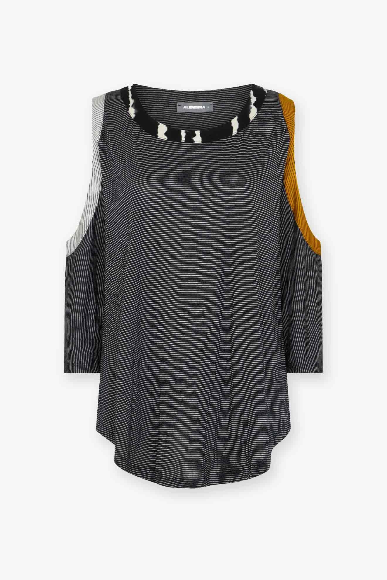 A multicolored cold shoulder top with stripe patterns and contrasting cold-shoulder sleeves, displayed on a white background.