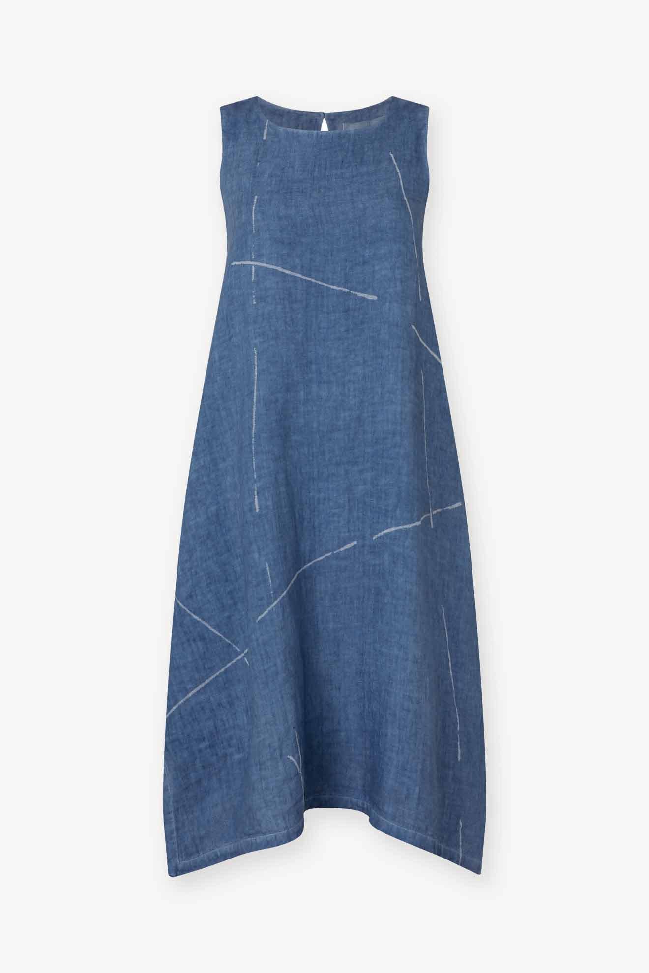 The Som Linen Dress is a minimalist sleeveless blue dress made from eco-friendly linen, featuring a relaxed A-line silhouette, round neckline, and subtle white linear patterns on a plain background.