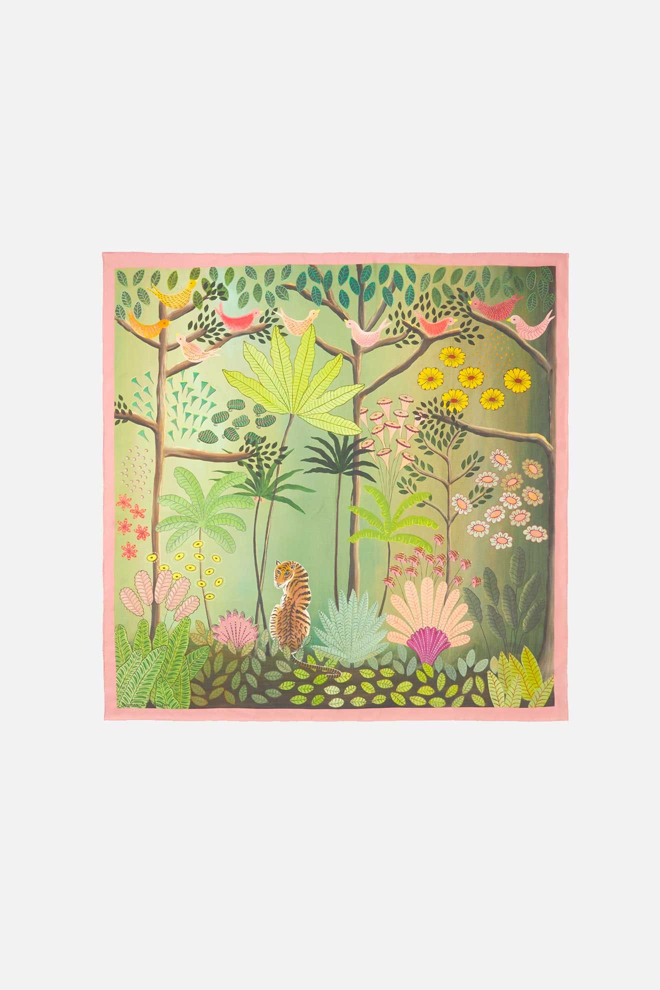 An artist's illustration of a jungle printed on the "Are You Coming With Me Silk Scarf".