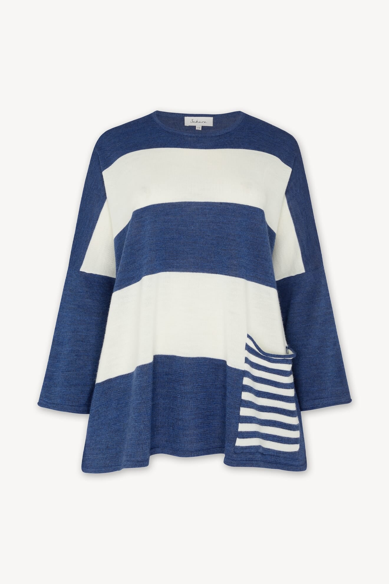 Merino Blend Stripe Sweater: A blue and white long-sleeve sweater featuring wide horizontal stripes and an asymmetrical patch pocket with narrow blue and white stripes—perfect for transitional weather.