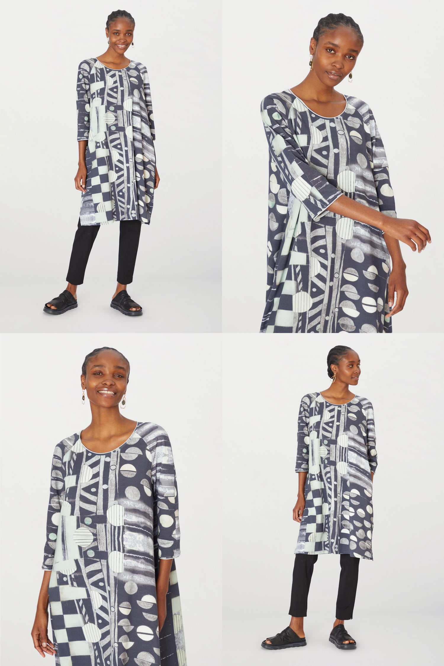 Four images of a woman in a Miro jersey dress and black trousers, posing in different angles against a white background.