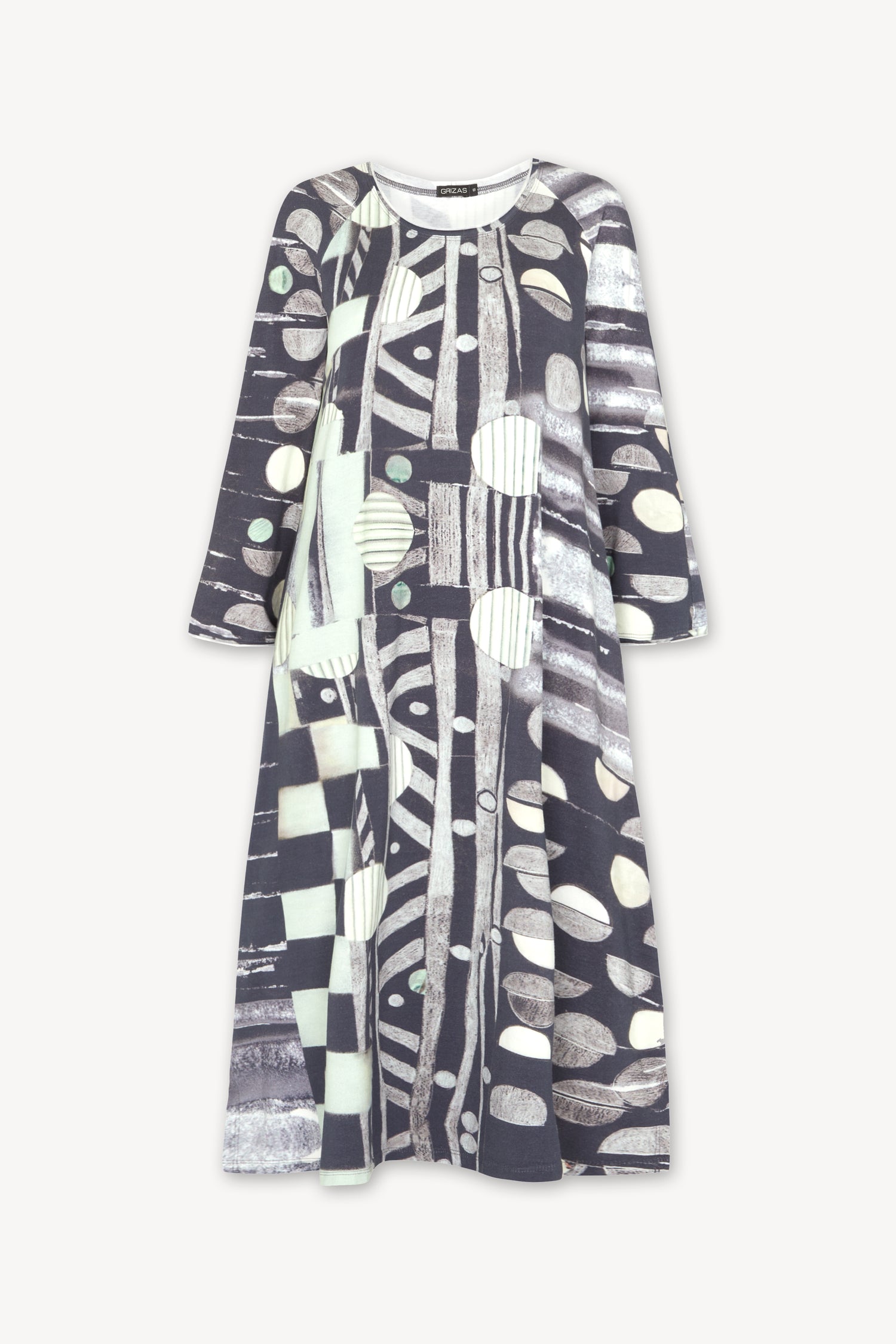 Long-sleeve Miro jersey dress with a monochrome abstract pattern, displayed against a white background.