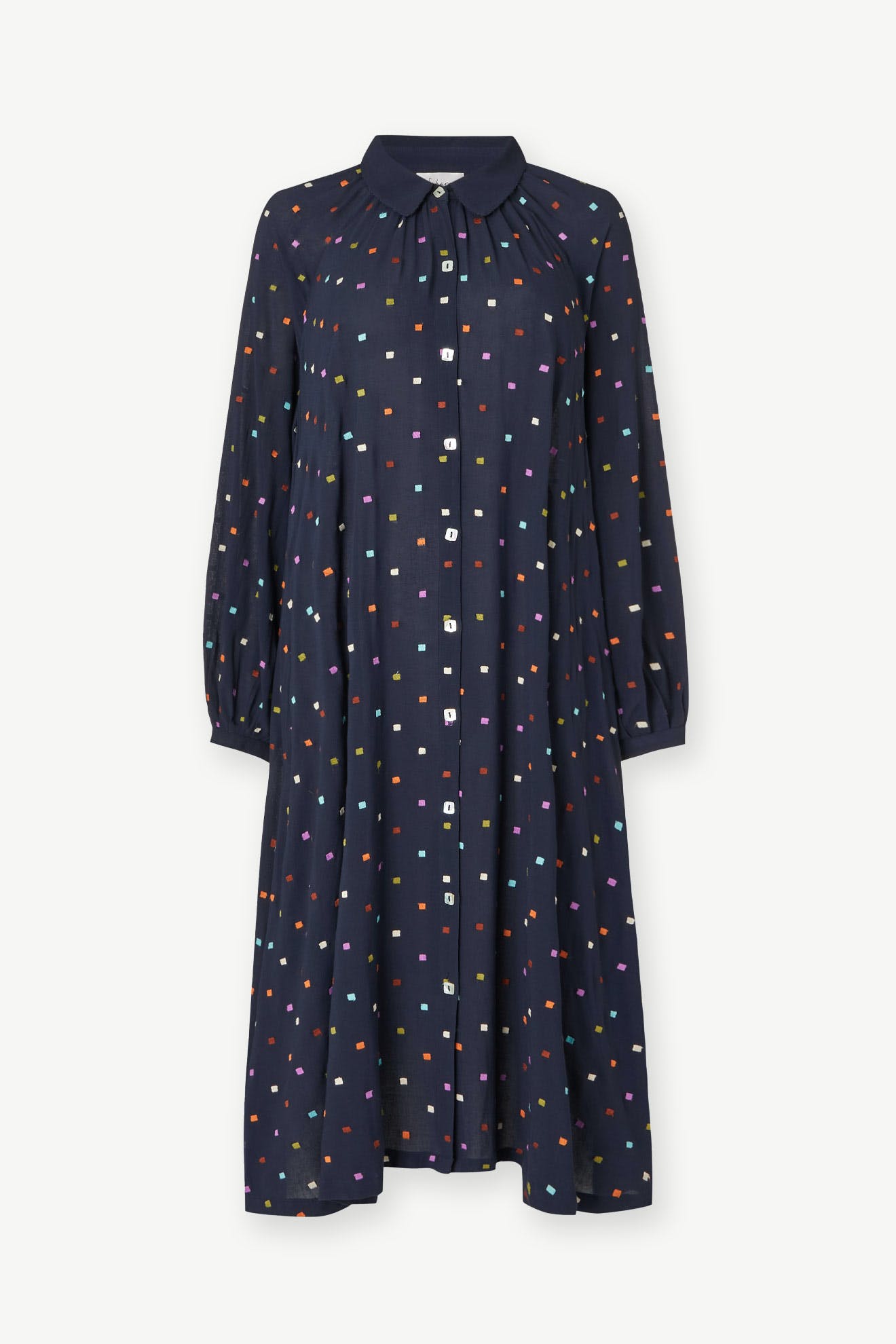 A navy blue Small Square Embroidered Dress with a collar and colorful geometric patterns displayed against a white background.