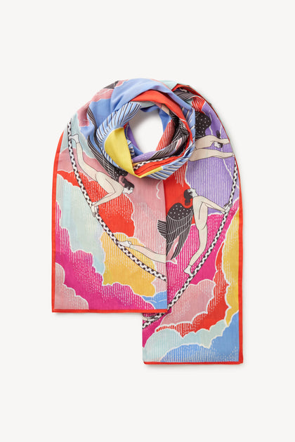 Yoga Flow Scarf with abstract and nautical designs, featuring chains, stripes, and a bird, isolated on a white background.