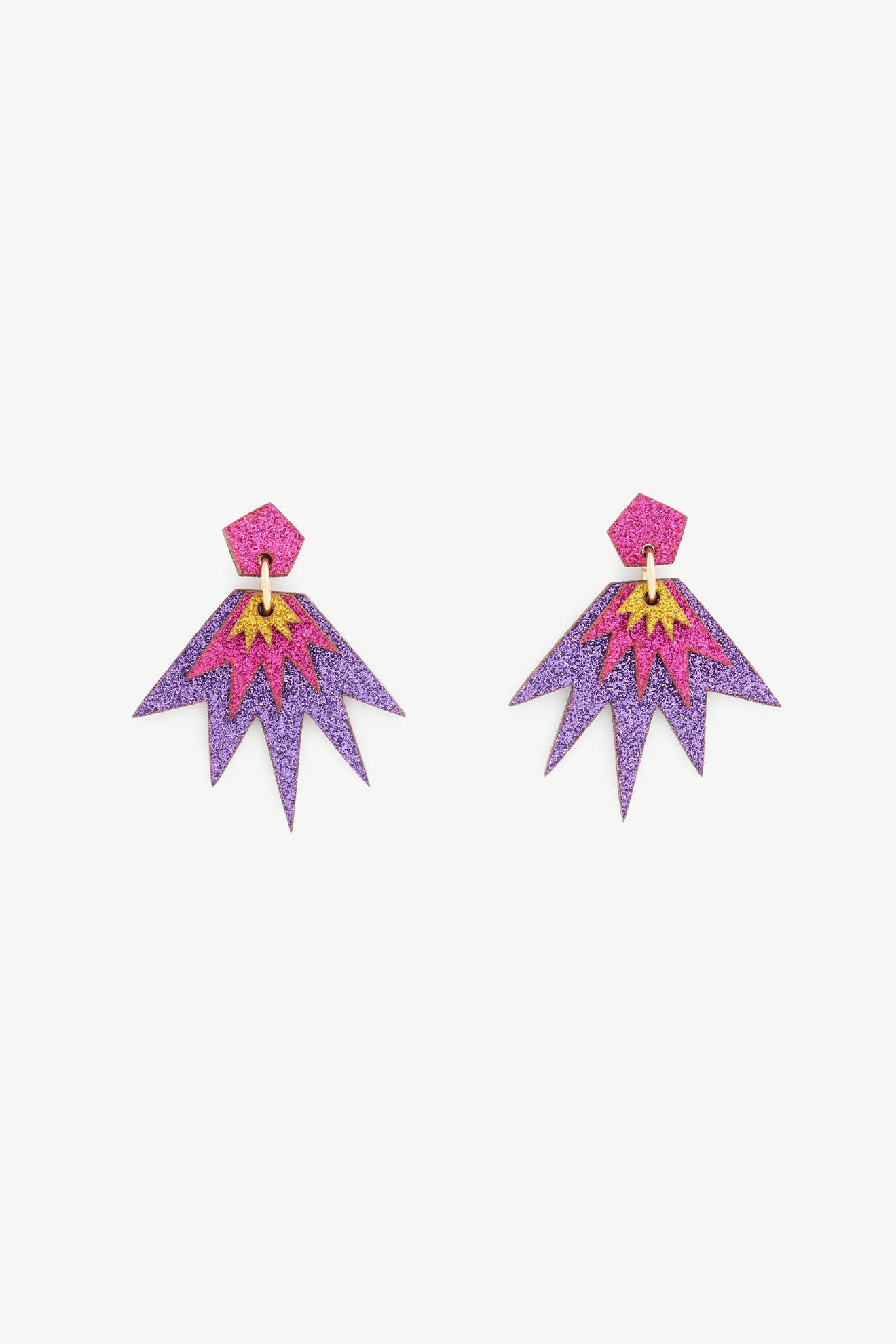 A pair of Sparkle Drop Earrings, featuring colorful geometric designs in purple, pink, and yellow on a white background, crafted from eco-friendly wood.