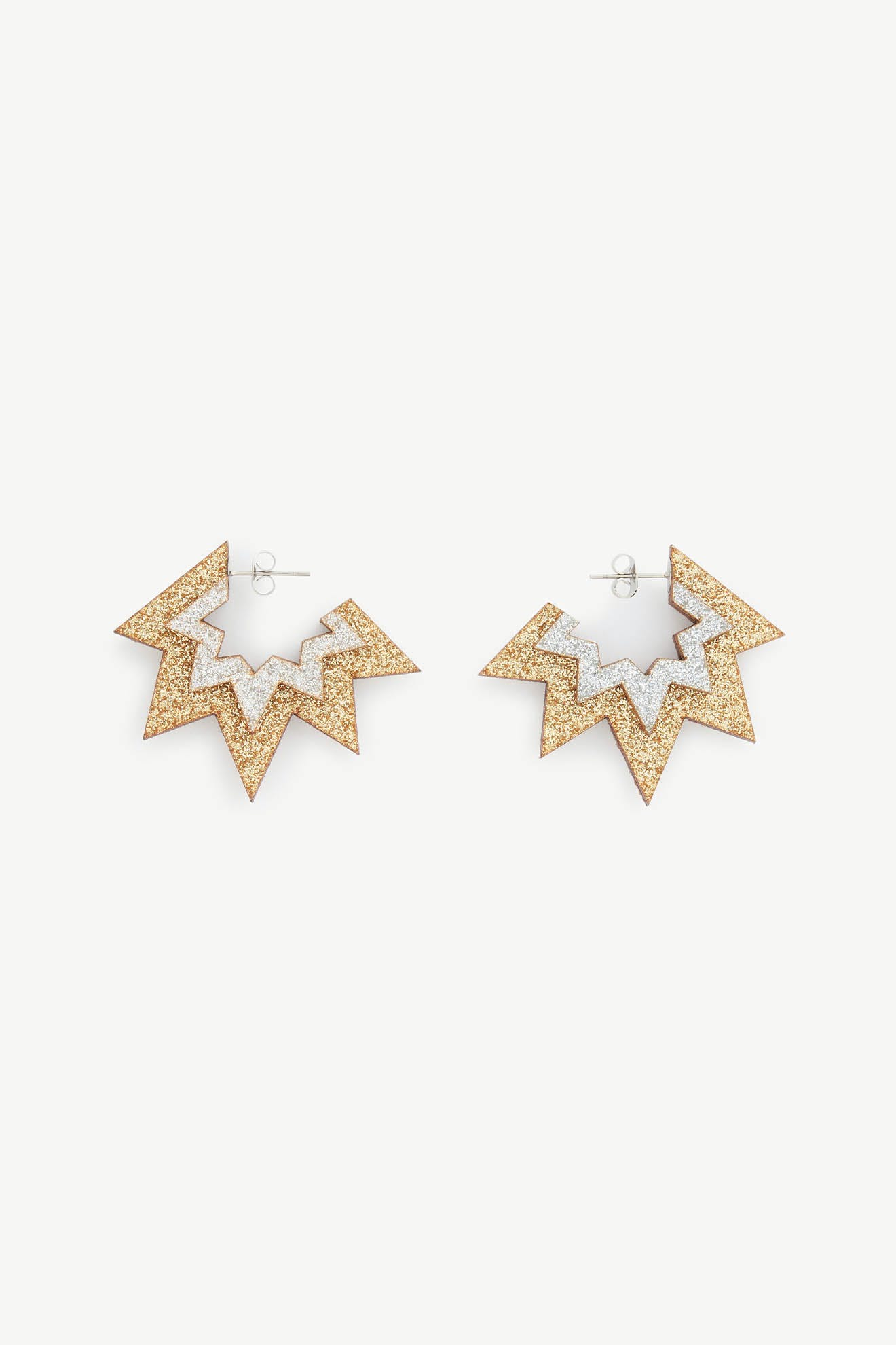 Introducing the Mini Laser Cut Sparkle Hoops, featuring a gold starburst design with a glittery textured surface on a pristine white background, crafted as lightweight hoop earrings.