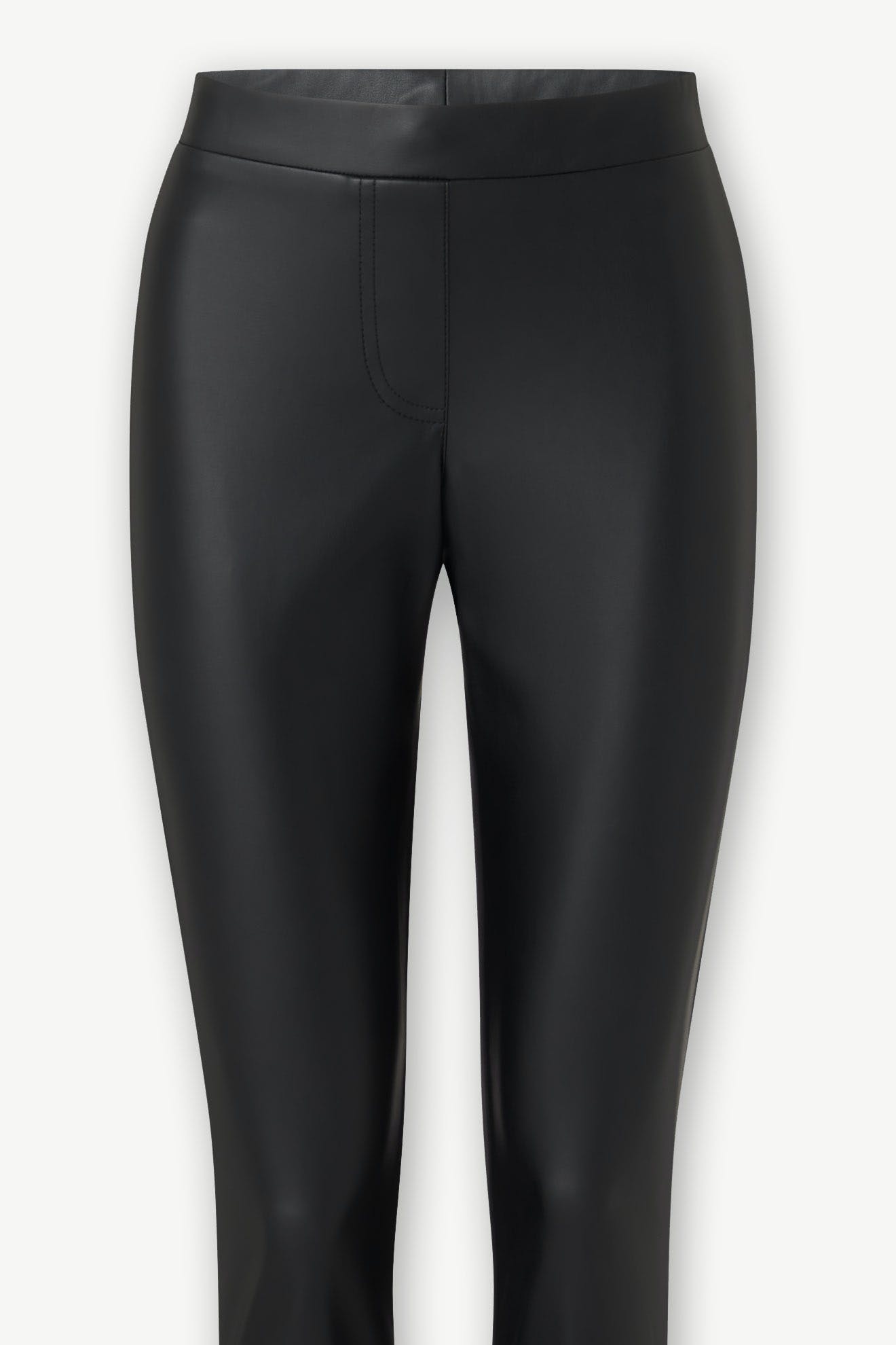 Black Linda Vegan Leather Leggings on a white background, showcasing the front view with a focus on the waistband and stitching.