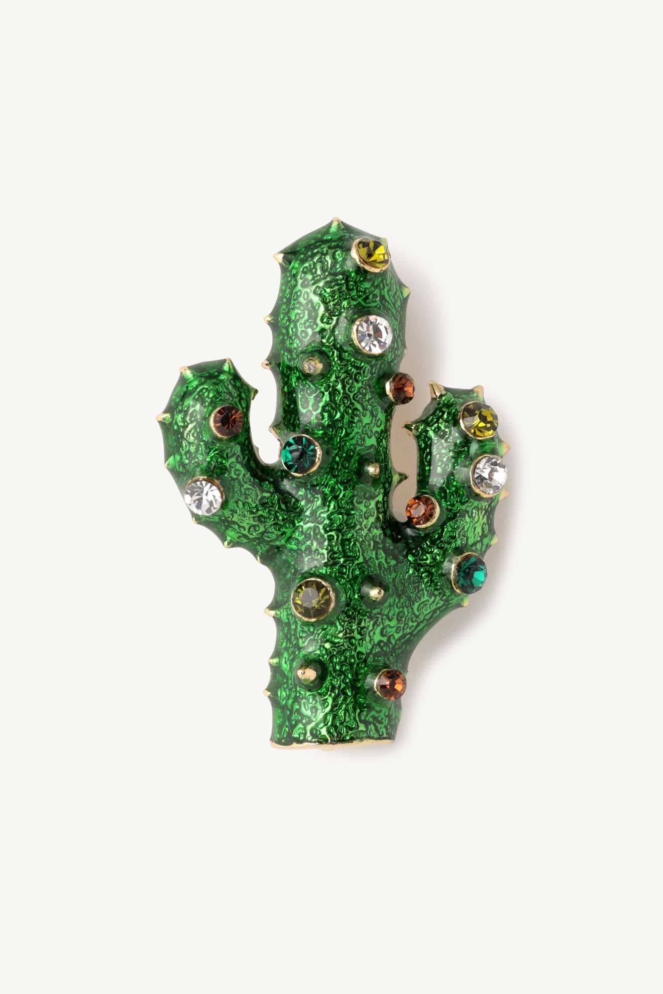 The Cactus Brooch features colorful rhinestones for a vibrant touch, displayed against a simple white background.