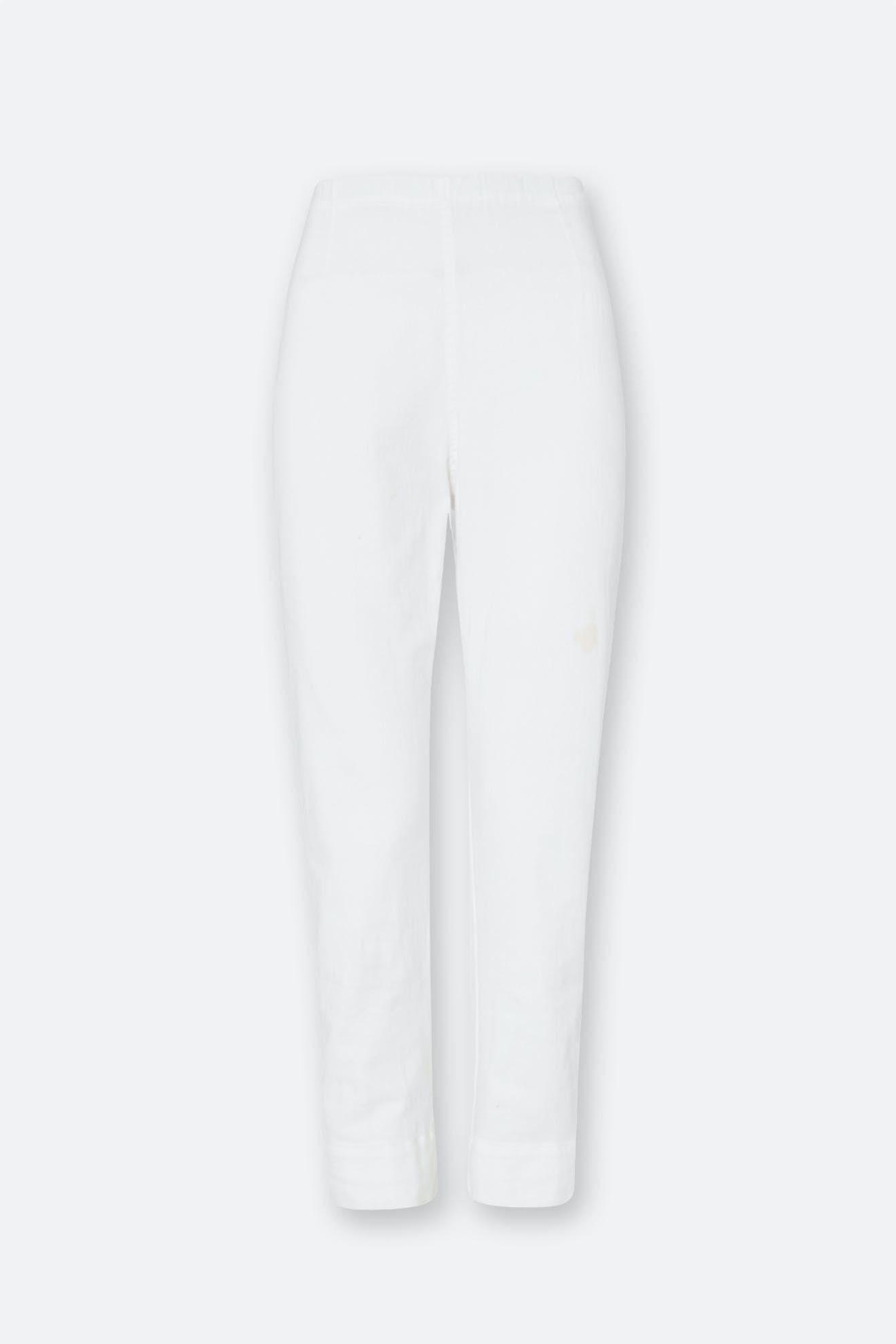 Stretch Cotton Twill Trouser in white, featuring a high waist and slim tapered leg, ankle-length cut, shown from the front against a plain light background.