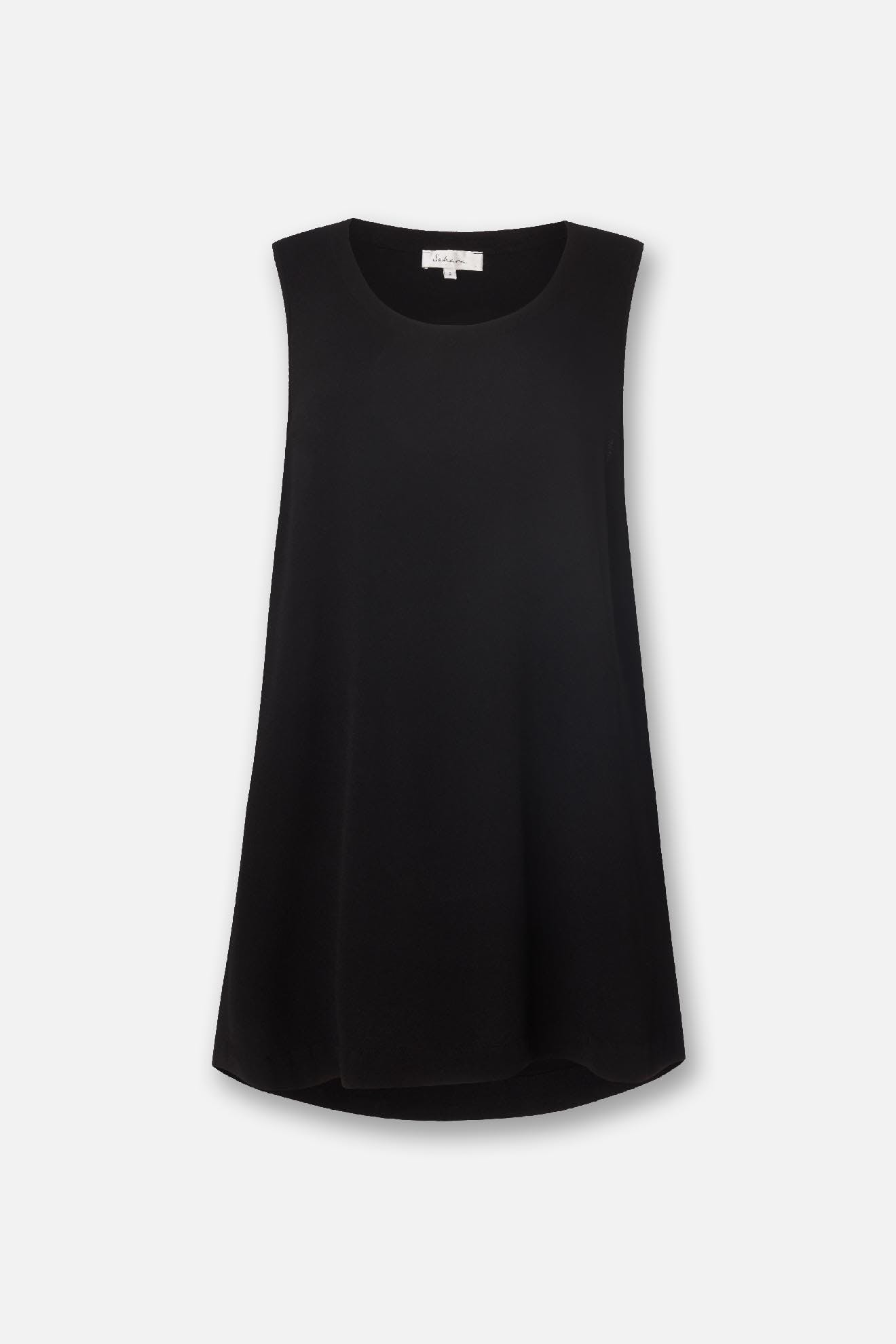 A Crepe Long Vest featuring a sleeveless design with a round neckline and a longline silhouette, crafted from luxurious fabric against a plain white background. Perfect for the festive season.