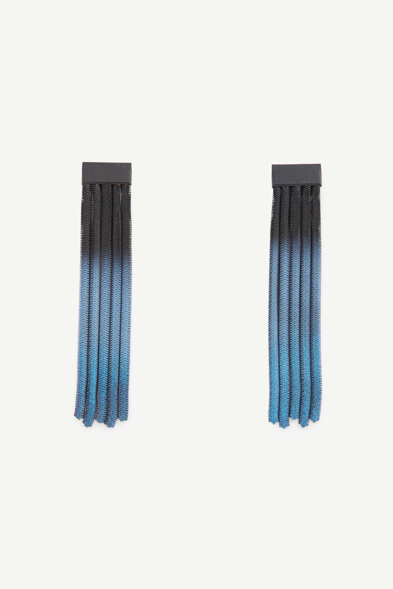 Long Fringe Earrings featuring rectangular mesh bases and multiple blue-to-black gradient tassels hanging vertically, handmade in the USA.