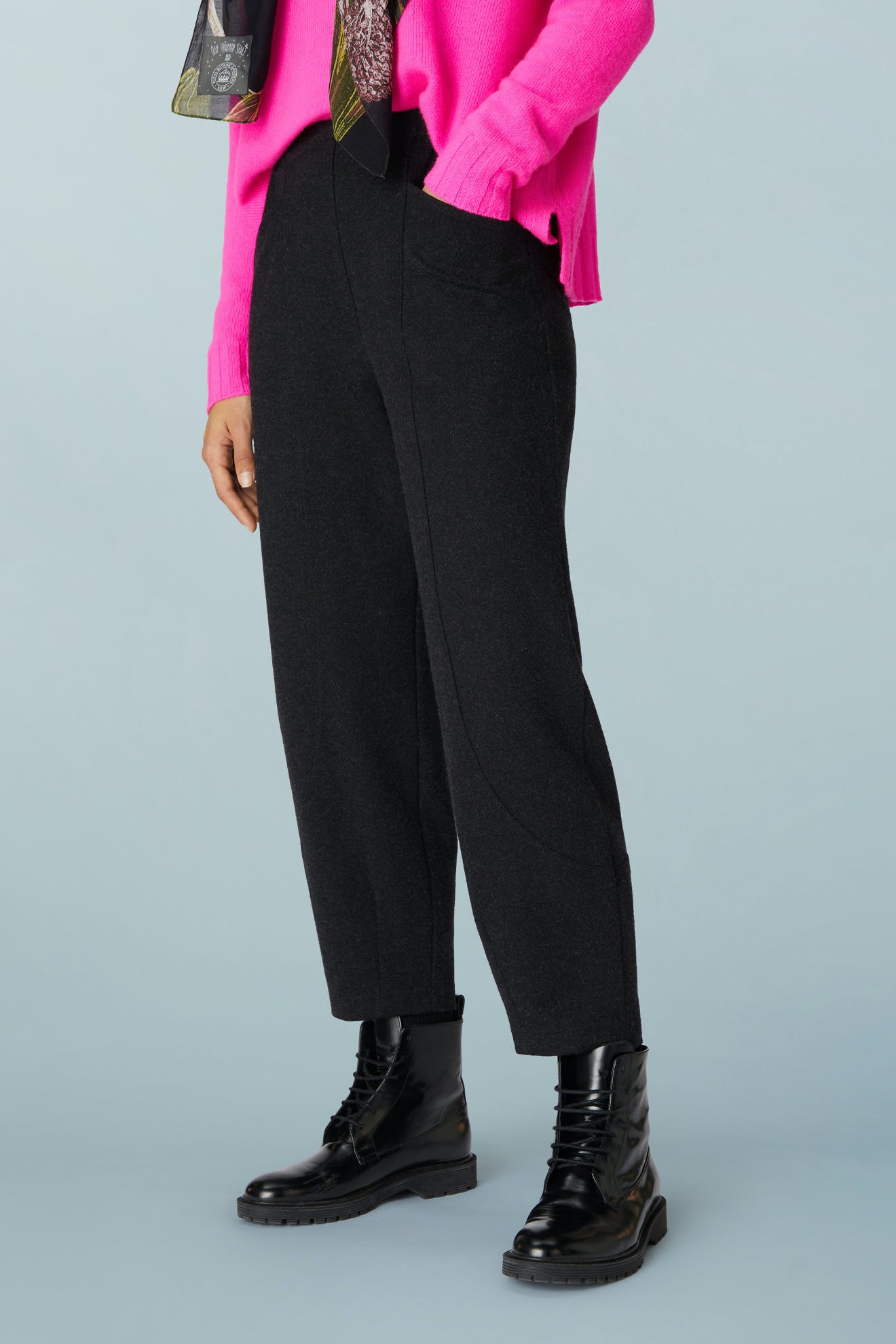 AW21 Marl Jersey Bubble Trouser in charcoal grey marl jersey with a tapered, cropped silhouette, an elasticated waistband, and side pockets.