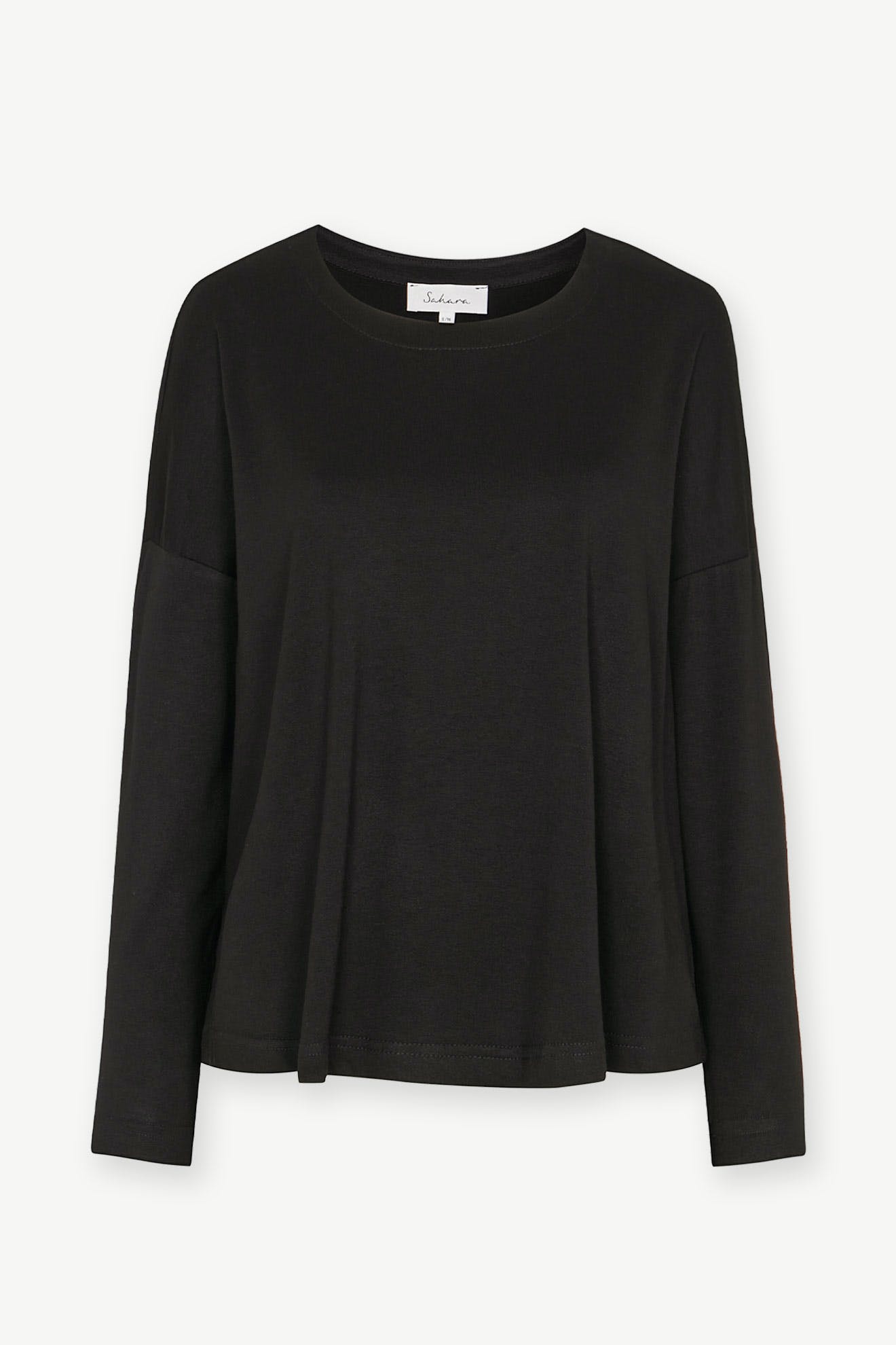 The Fluid Crepe Jersey Relaxed Top, a black long-sleeve shirt with a round neckline crafted from fluid crepe, is displayed against a plain background.