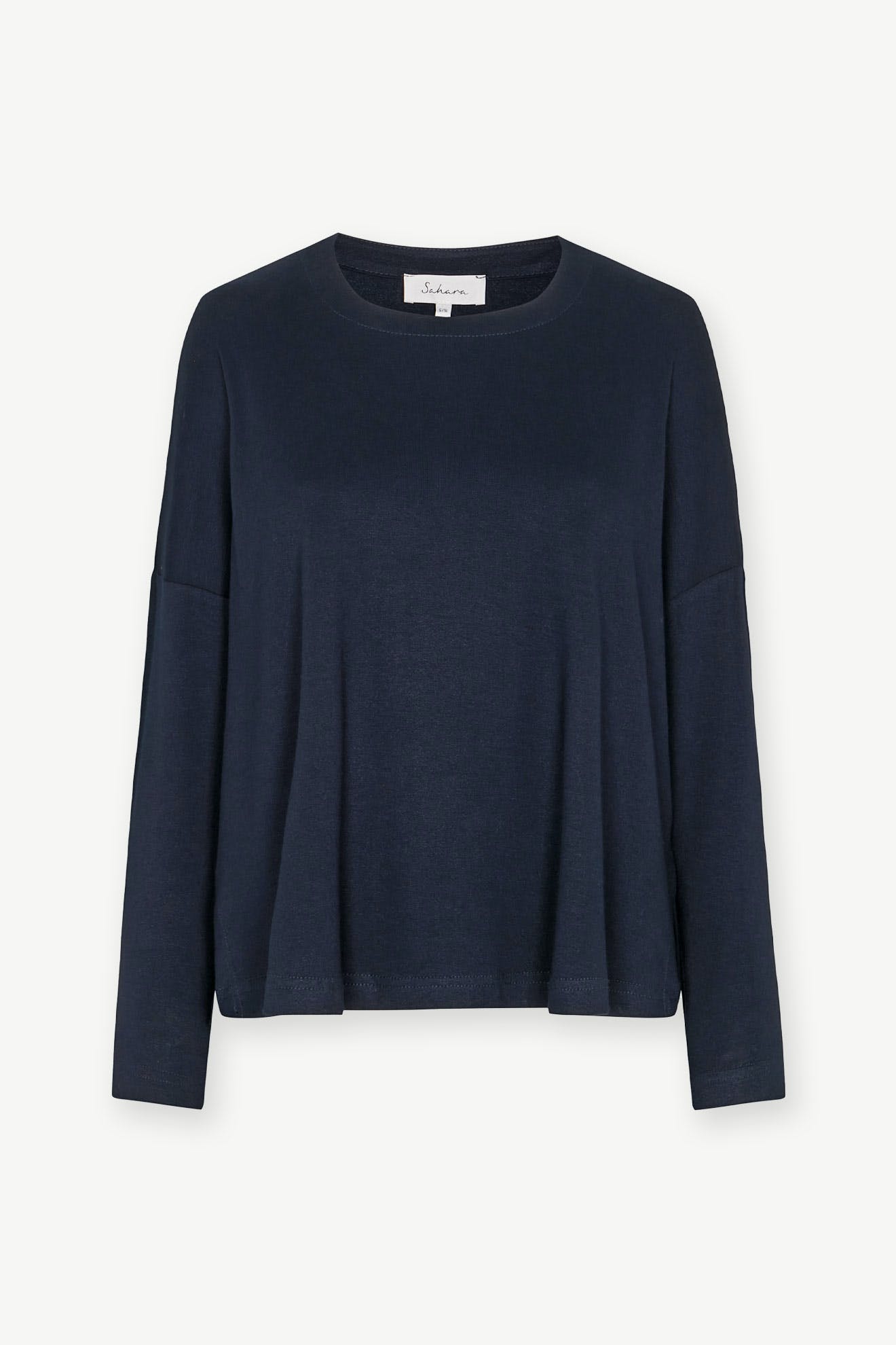 The navy blue Fluid Crepe Jersey Relaxed Top features a long-sleeve design with a round neckline, crafted for effortless elegance.