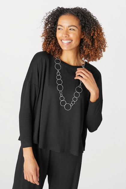 Soft black Jersey Easy Top with chain necklace.