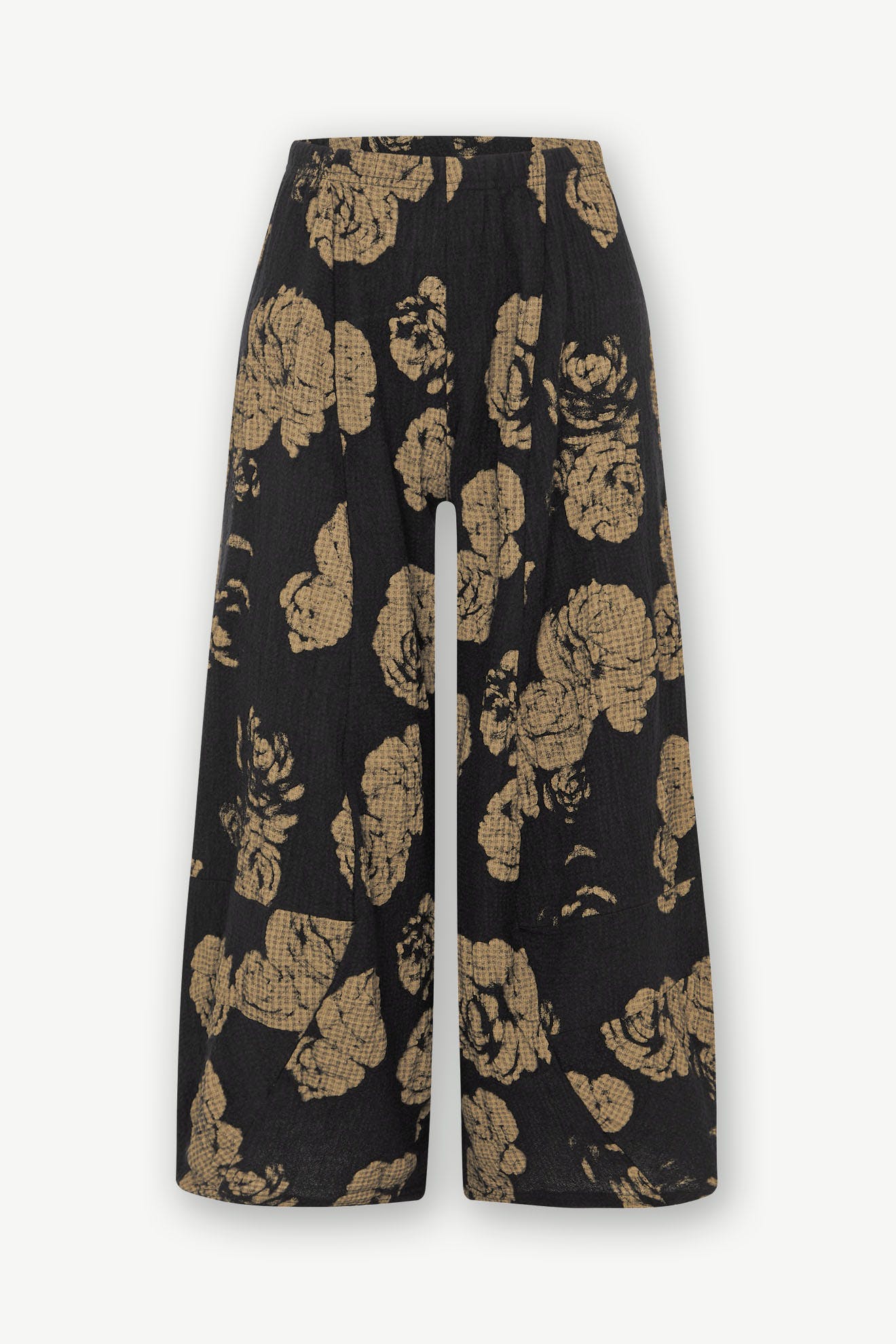 Black wide-leg Rose Print Pant displayed against a white background.