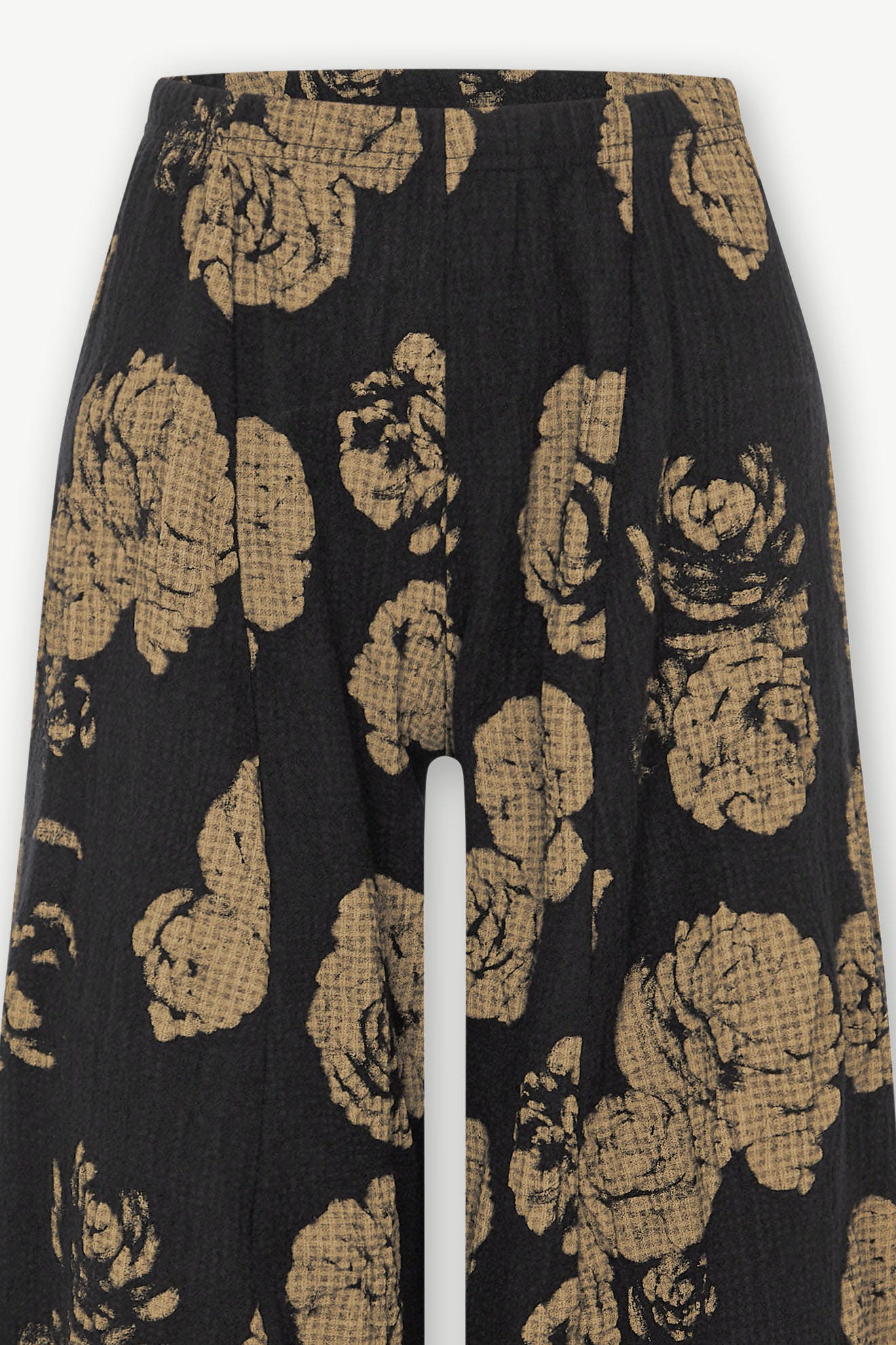 Black and beige Rose Print Pant with a wide-leg design and elasticated waist.