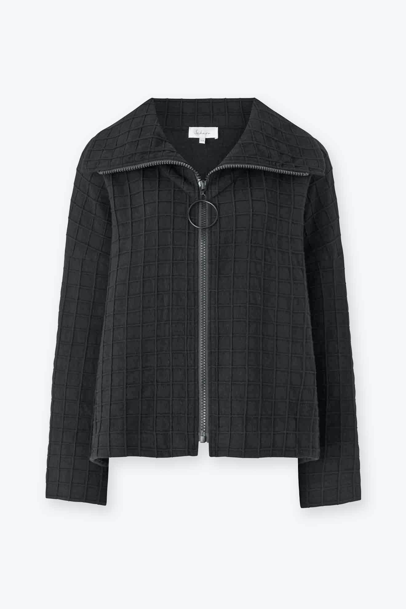 Introducing the Window Pane Wool Jacket, a stylish black zip-up jacket featuring an oversized folded collar and a grid pattern. Crafted from a cotton wool blend with a distinctive round zipper pull, it is showcased elegantly against a white background.