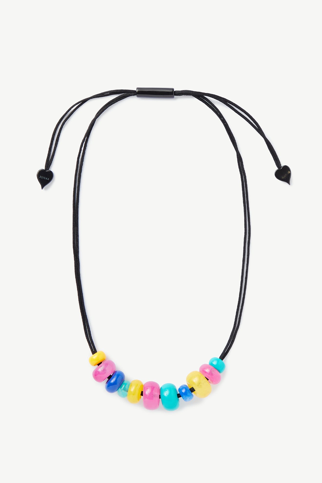 The Kaleidoscopic Necklace features a black cord and colorful round beads in pink, yellow, blue, and turquoise at the center—a vibrant handmade accessory perfect for any style.