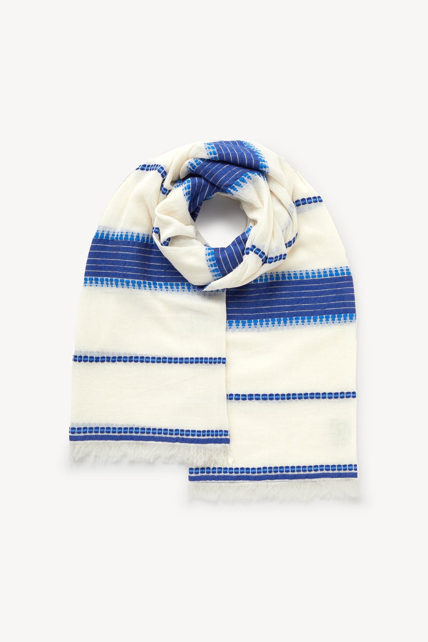 A neatly folded Embroidered Stripe Scarf with embroidered blue stripes and fringe, displayed on a white background.